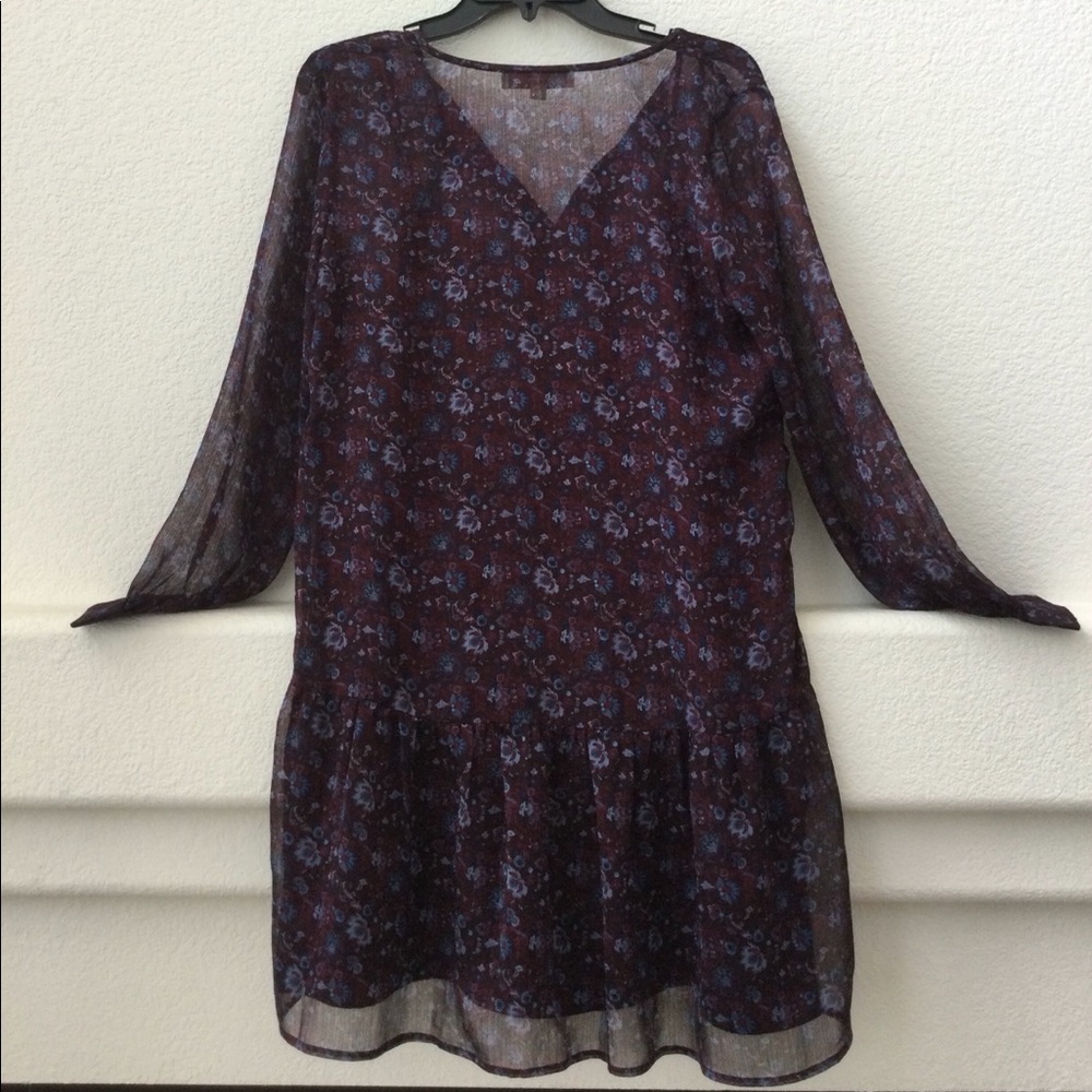 NWOT Long Sleeve Floral Chiffon Dress, Ruffle Hem